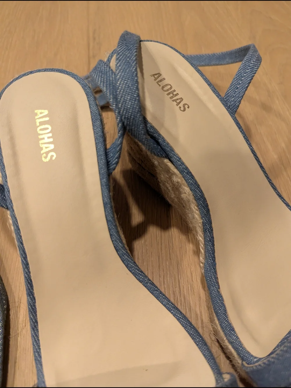 ALOHAS Blue Denim Wedge Espadrille Sandals with Lace-Up Ankle Tie